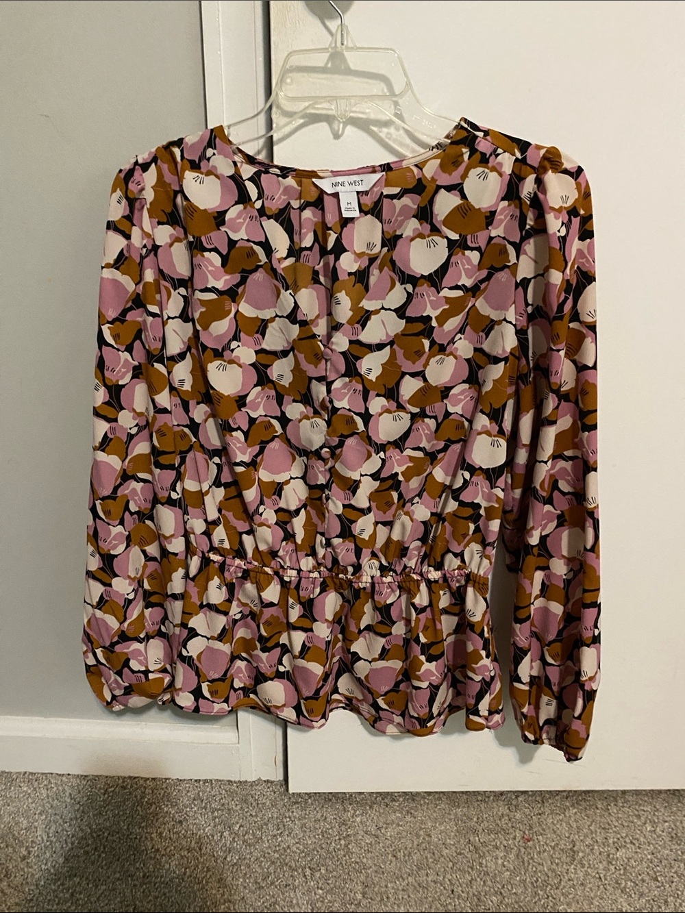 Nine West Pink, Brown & Cream Floral Waist-Detail Blouse